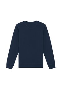 Sweatshirt bleu marine à manches longues, col rond, avec des bords côtelés aux poignets et à l'ourlet, fabriqué à partir d'un tissu doux, avec une texture lisse.