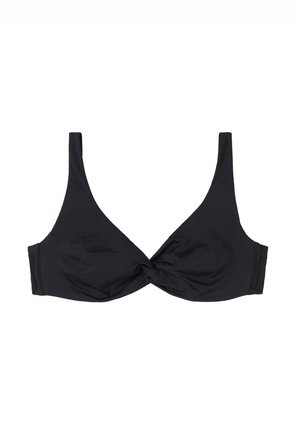 Svart bikiniöverdel med vriden framsidesdesign, tillverkad av slät tyg, med breda remmar och en minimalistisk stil.