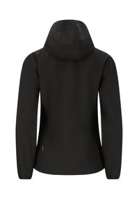Veste imperméable noire avec capuche, manches longues et design épuré. Texture lisse, sans fermetures ni logos visibles.