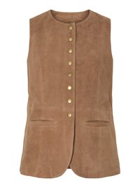 Vesta din suede maro, cu guler rotund, închidere cu nasturi cu capsa și două buzunare frontale, având o textură netedă și un design simplu.