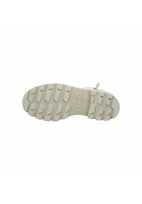 Suola di scarpa sportiva bianca con una presa testurizzata e a motivo. Presenta una forma arrotondata e un design minimale con un sottile dettaglio del logo.