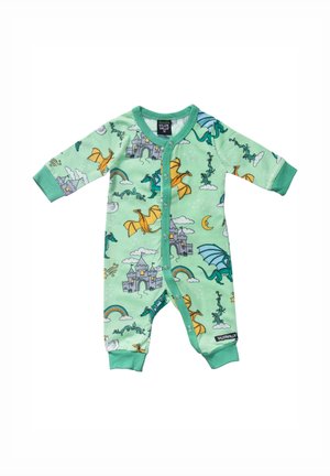 Green baby romper with dragon, castle, rainbow, moon, and cloud prints, featuring snap buttons and cuffed sleeves and legs.