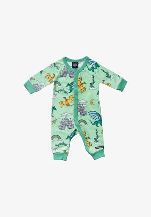 Zelený dětský overal s potisky draka, hradu, duhy, měsíce a mraku, opatřený druky a s manžetami na rukávech a nohavicích.