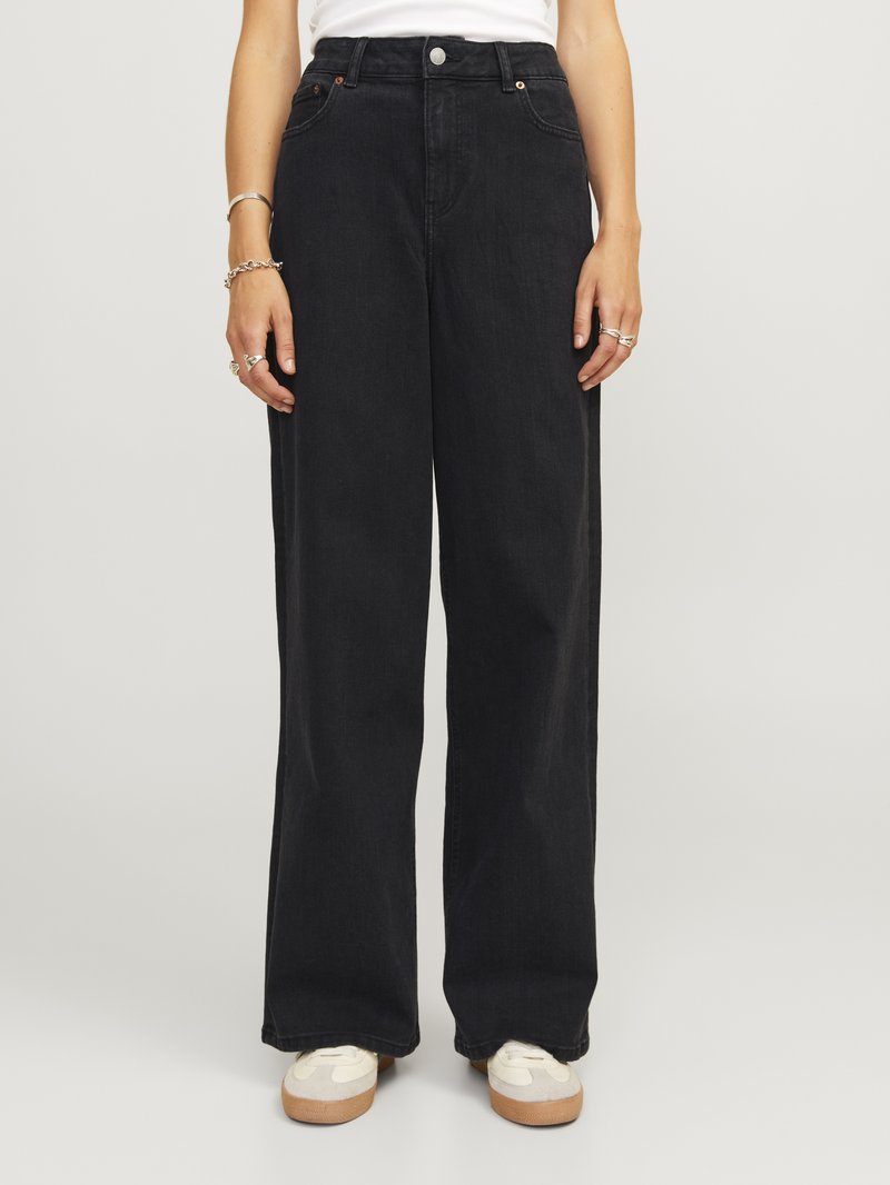 Wide-leg black jeans made of denim with a high waist, featuring front pockets, a button closure, and minimal stitching details.