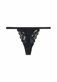 Svart spetsstring med blommönster, vågiga kanter och tunna band. Materialet verkar semitransparent och har en känslig textur.