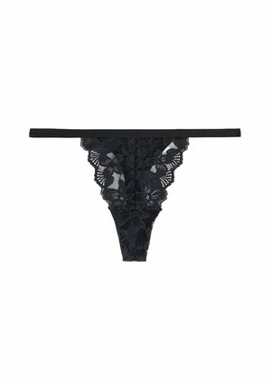 Sort blonde trusse med blomsterprint, bølgede kanter og tynde stropper. Materialet fremstår semitransparent og delikat i tekstur.
