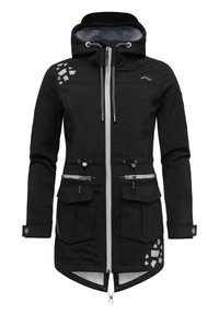 Veste parka noire avec une fermeture éclair à l'avant, une capuche ajustable et plusieurs poches. Accents réfléchissants remarquables et tissu texturé.