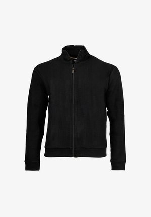 Czarna kurtka zapinana na zamek z prążkowaną fakturą, kołnierzem typu stójka i długimi rękawami. Posiada zamek na całej długości oraz dopasowany pas w talii.