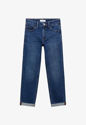 Jeans en denim bleu foncé avec une coupe droite, dotés d'une fermeture par bouton, cinq poches et des revers roulés mettant en valeur un tissu plus clair.