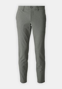 Slim-fit broek van donkergrey stof, met een knoopsluiting, twee voorkezen en een soepele textuur met een subtiel patroon.