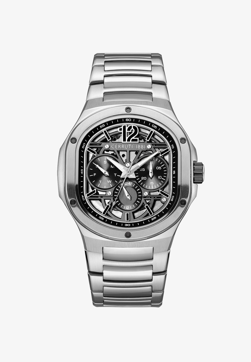 Orologio in acciaio inox silver con quadrante skeleton, dettagli neri e funzioni cronografo. Cassa ottagonale e design del bracciale a maglie.