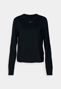 Czarna koszulka Nike z długim rękawem, wykonana z lekkiego materiału, z okrągłym dekoltem i małym srebrnym logo na piersi.
