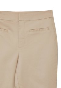 Pantaloni beige su misura con una texture liscia, dotati di due tasche posteriori e una vita pulita, ideali per abbigliamento casual o da lavoro.