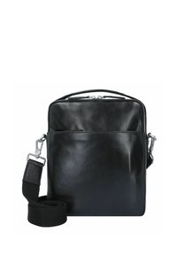 Borsa a spalla in pelle nera con una superficie liscia, tasca frontale con zip e tracolla rimovibile. Dotata di hardware argentato e un design minimalista.