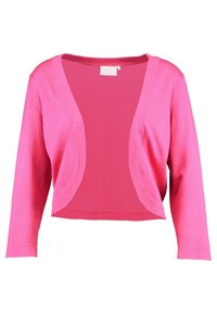 Růžový zkrácený kardigan vyrobený z měkké pleteniny. Má výstřih do V, dlouhé rukávy a dvě přední kapsy. Hladká textura, živá barva.