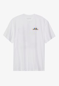 White cotton t-shirt with short sleeves. Features a multicolored text graphic "MORE ESPRESSO" on the left chest area.