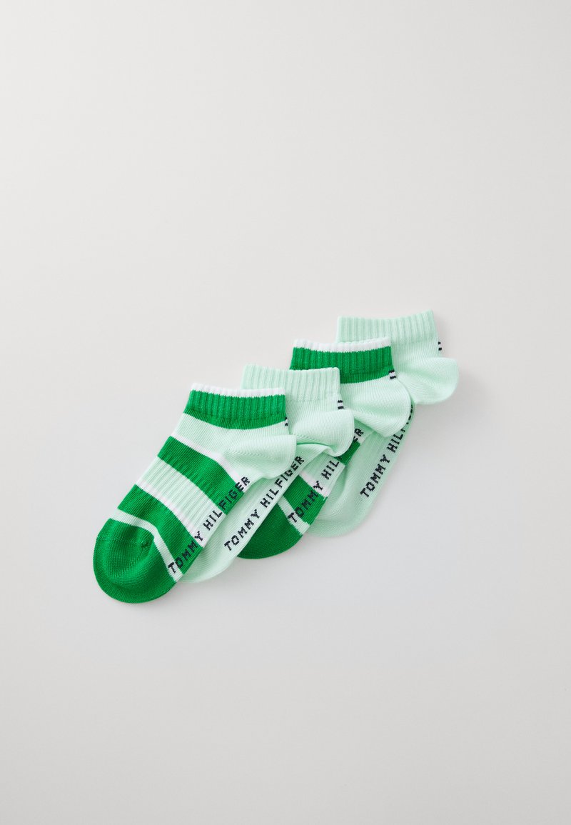 Zaļas un piparmētru svītrainas kokvilnas zeķes ar baltajiem akcentiem, sporta logo tekstu "TOMMY HILFIGER" melnā krāsā sānos.