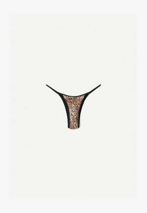 Tanga uzorka leopard koji sadrži crne trakice i meku poliester mješavinu, dizajniran u minimalističkom obliku za udobnost i stil.