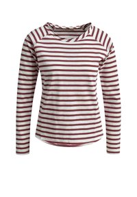 Langärmliges Shirt mit Rundhalsausschnitt und horizontalen Streifen in Bordeauxrot und Weiß. Hergestellt aus weichem Stoff mit abgerundetem Saum und Raglanärmeln.