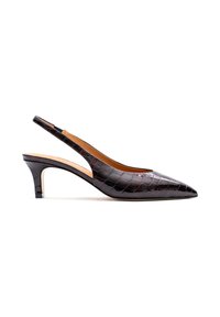 Bordeauxroter Slingback-Pumps mit Krokodilleder-Prägung, spitzer Zehenpartie und mittelhohem Absatz. Glattes Innenfutter; elegantes Design.