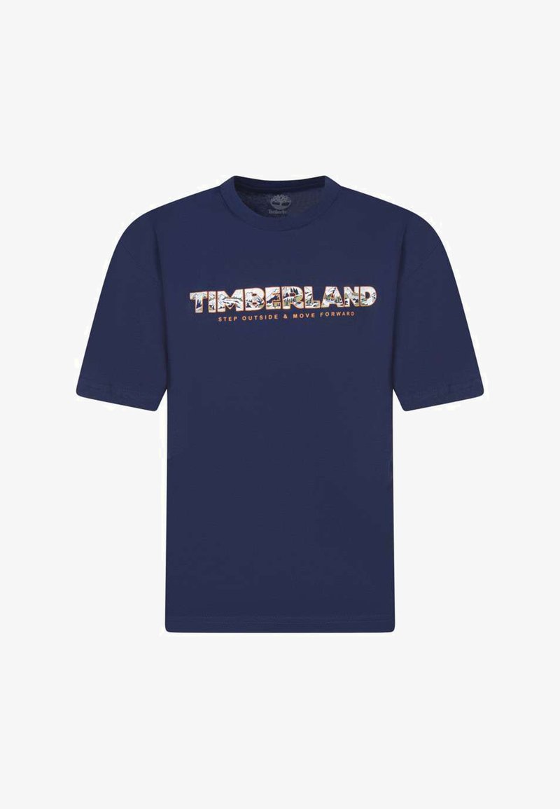 T-shirt en coton bleu marine avec le mot "TIMBERLAND" en lettres décorées et la phrase "SORTEZ ET AVANCEZ" en dessous.