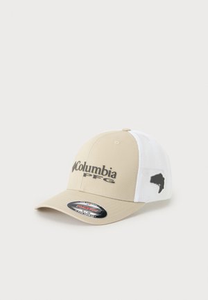 Μπεζ και λευκό καπέλο μπέιζμπολ Columbia PFG με δίχτυ πίσω και μαύρο λογότυπο ψαριού στο πλάι.