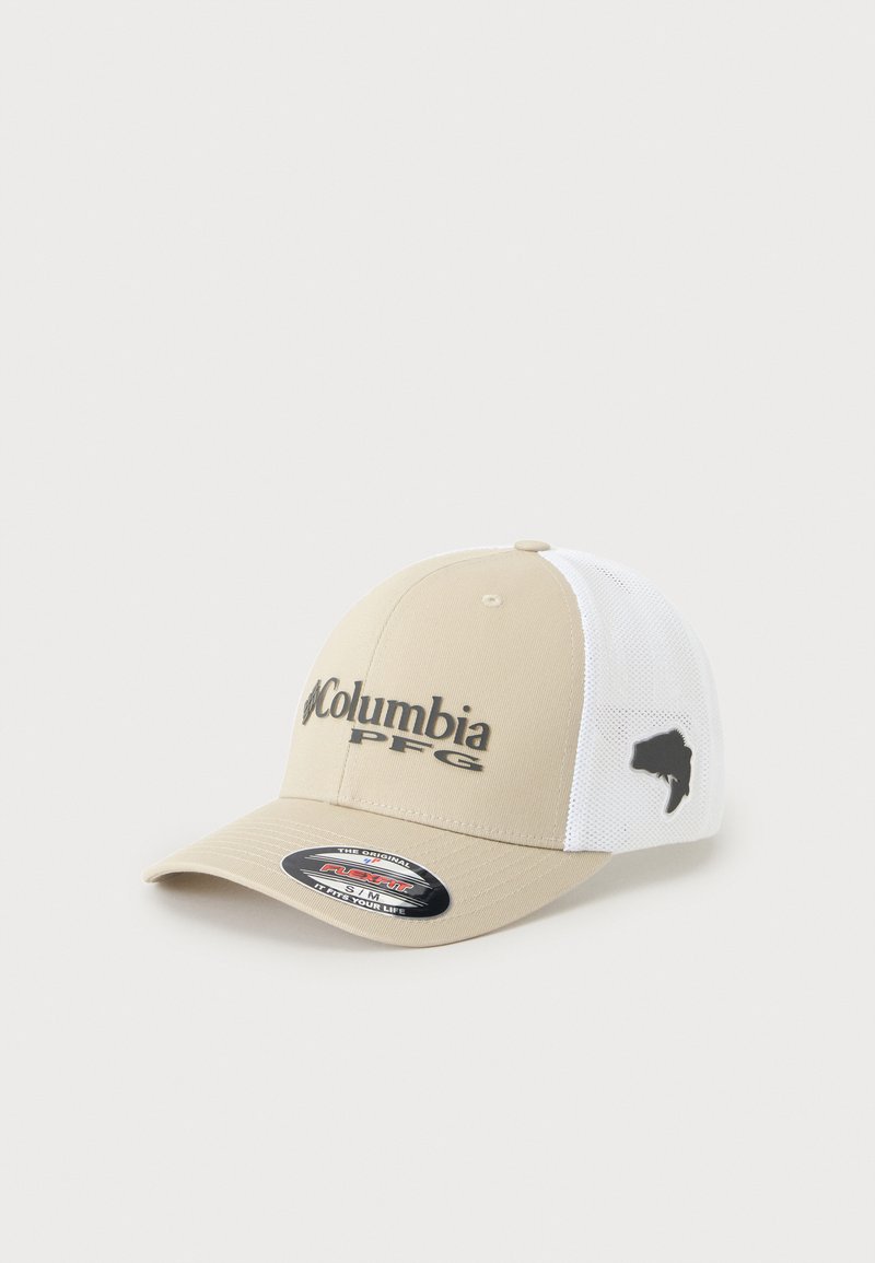 Μπεζ και λευκό καπέλο μπέιζμπολ Columbia PFG με δίχτυ πίσω και μαύρο λογότυπο ψαριού στο πλάι.