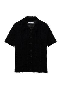 Chemise noire à manches courtes avec un col, tissu texturé présentant un motif en grille et une fermeture à boutons à l'avant.