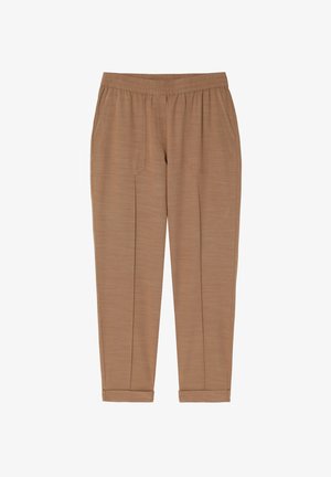 Smėliniai kelnės su tekstūruota medžiaga, elastinga juosmens juosta, šoniniais kišenėmis ir siaurinimo dizainu, turinčios apvainikuotą hemą ties kulkšnimis.