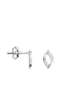 Boucles d'oreilles en argent avec un design incurvé présentant cinq pierres transparentes serties dans un canal. Texture lisse, finition polie et fermoir à tige sécurisé.