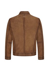 Braune Lederjacke mit glatter Textur, featuring einen Stehkragen und keinen sichtbaren Verschlüssen. Schlichtes Design und Rückennähte.