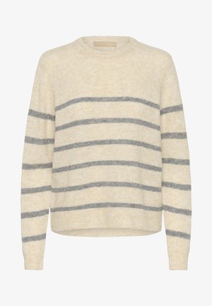 Beige kötött pulóver szürke vízszintes csíkokkal, hosszú ujjal és kerek nyakkivágással.