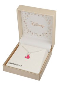 Collana in argento sterling con pendente di Mickey Mouse rosa, esposta in una scatola color crema con logo Disney dorato e decorazioni.