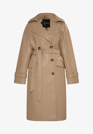 Beež faux nahast trench coat topelt-nööpidega kujundusega, suured nupud, vöökoht ja rullitud varrukad. Sile, läikiv tekstuur.