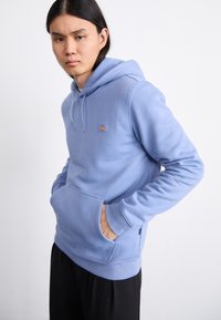 Šviesiai mėlynas hoodie, pagamintas iš minkštos medžiagos, su priekinia kišene, raišteliu ant galvos ir maža logotipo etikete krūtinėje.