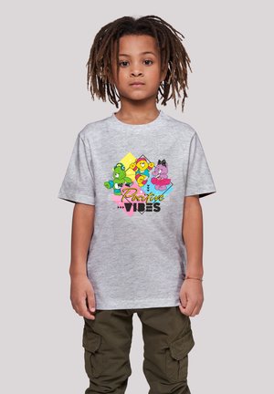 Graues Baumwoll-T-Shirt mit bunten Cartoonfiguren und dem Text "Positive Vibes" in fetter, stilisierter Schrift. Kurze Ärmel.