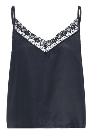 Navy satin camislångärmad med tunna remmar, som har en V-halsringning prydd med svart spets och blommönster ovanför en slät tygtextur.