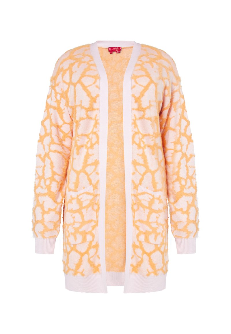 Dlouhý cardigan vyrobený z měkké látky, s bledě růžovým základem a abstraktním oranžovým vzorem, otevřeným předním dílem a dvěma předními kapsami.