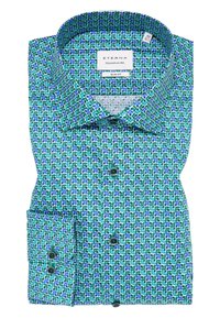Groene en blauwe gemusterde Eterna slim-fit shirt met een button-down kraag, met een soepele textuur en contrasterende knopen.