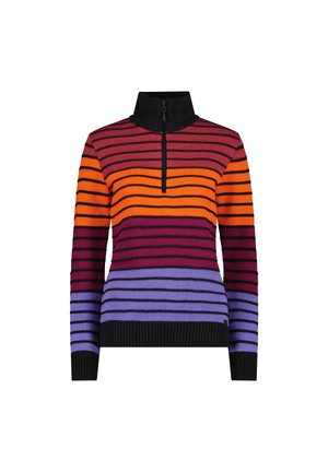 Jersey de manga larga a rayas, con cuello negro con cremallera hasta el pecho, puños y bajo acanalados y franjas rojas, naranjas, magentas y moradas.