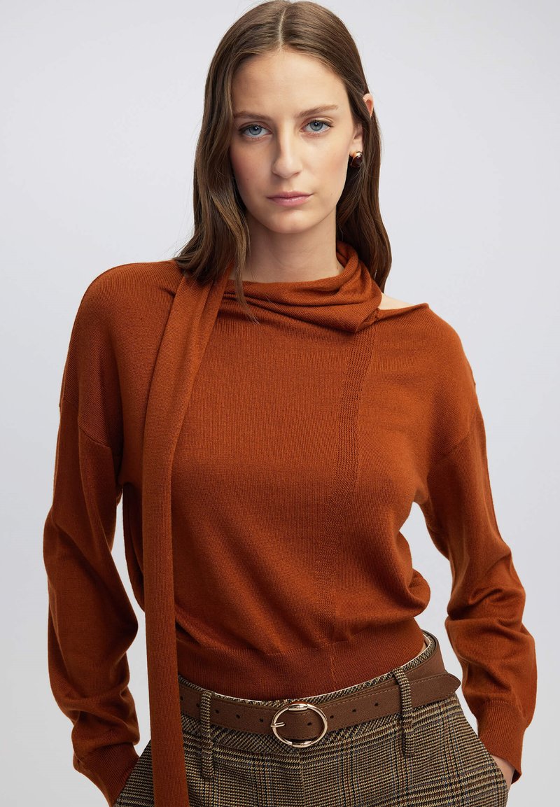 Maglione color ruggine con collo a cowl, maniche lunghe e un design testurizzato. Abbinato a pantaloni a fantasia e una cintura marrone.