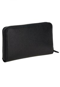 Portafoglio in pelle nera con superficie texture, chiusura con zip e forma rettangolare slim. Presenta un design minimalista senza hardware visibile.