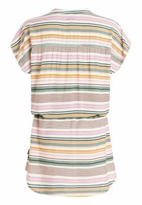Top a rayas multicolores en tejido ligero, con mangas cortas, un corte relajado y detalle de fruncido en la parte posterior. Los colores incluyen rosa, verde y amarillo.