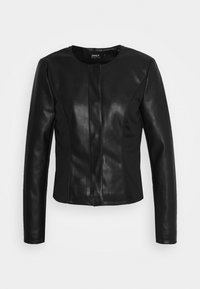 Czarna skórzana kurtka z okrągłym dekoltem, dopasowanym krojem, długimi rękawami i widocznymi szwami. Gładka faktura z eleganckim wykończeniem.