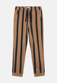 Καφέ φόρμες με κάθετες μαύρες ρίγες, με ελαστική μέση, κορδόνι και πλαϊνές τσέπες. Μαλακό υφασμάτινο υλικό.