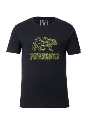 Black t-shirt featuring a geometric yellow bear graphic and the word "FORSBERG" underneath in a bold, block font. Short sleeves.