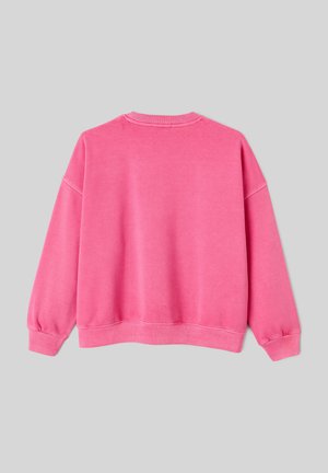 Sweatshirt à manches longues de couleur rose vif avec poignets, ourlet et encolure ras-du-cou côtelés, présenté de dos sur un fond gris uni.