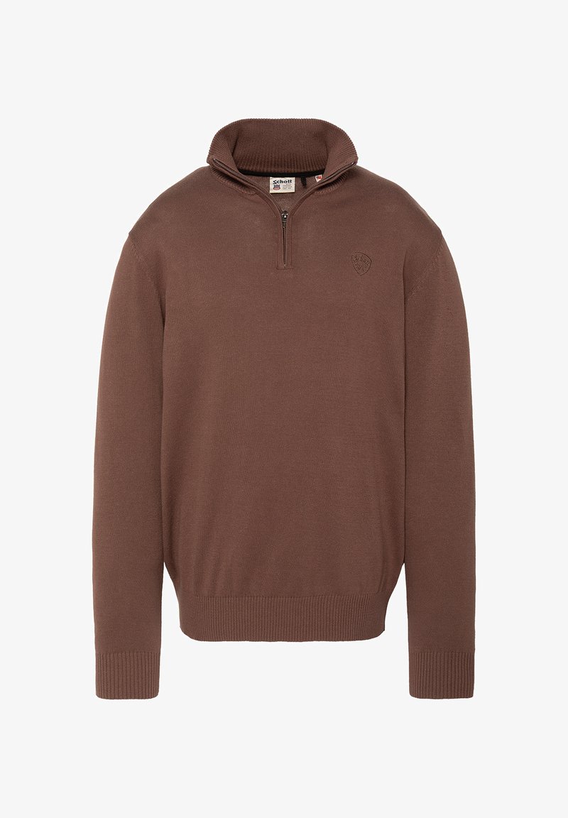 Pull marron à manches longues avec col zippé au quart, poignets et taille côtelés, et petit logo embossé sur la poitrine.