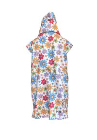 Poncho in cotone con cappuccio, con un motivo floreale multicolore su sfondo bianco. Include un logo nella parte inferiore destra.