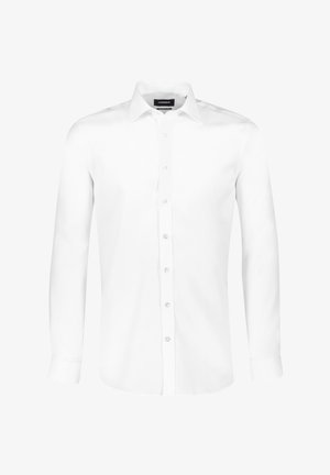 Biała koszula z długim rękawem zapinana na guziki, wykonana z gładkiego materiału, z klasycznym kołnierzykiem, pełnym zapięciem na guziki oraz mankietami zapinanymi na jeden guzik.